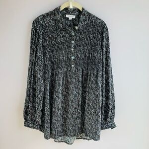 Beach Lunch Lounge Blouse Top Black Tan Paisley Smocked Flowy Long sleeve Medium